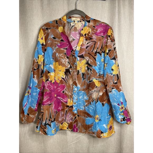 Choices Women’s Medium Colorful Button Up Long Sleeve Top - Semi-Sheer - Picture 1 of 8